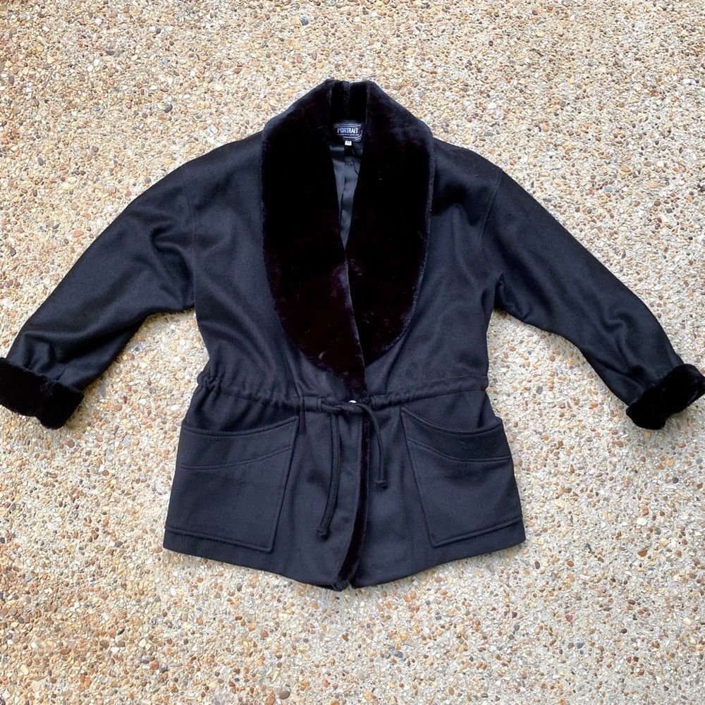 VTG Portrait Black Wool Blend Faux Fur Collar Coat Size 10